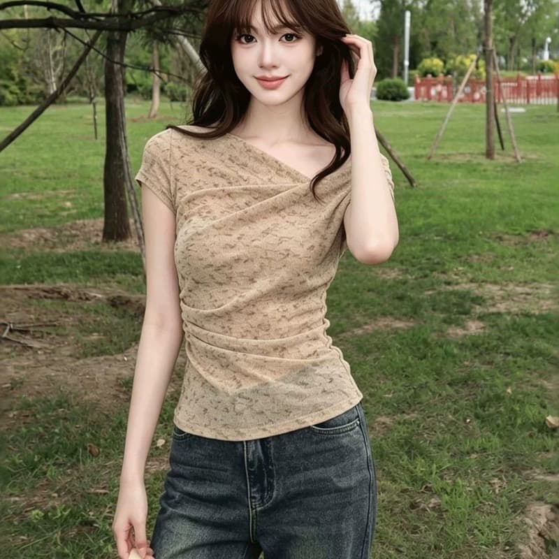 경관 그림 광저우 원본 원단 여름 새로운 부드러운 바람 비스듬한 어깨 십자가 수신 Pleat 품격 반팔 맨위 이미지 2