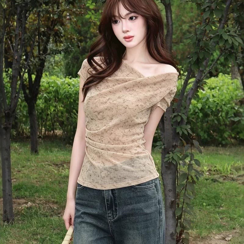 경관 그림 광저우 원본 원단 여름 새로운 부드러운 바람 비스듬한 어깨 십자가 수신 Pleat 품격 반팔 맨위 상세 이미지 3