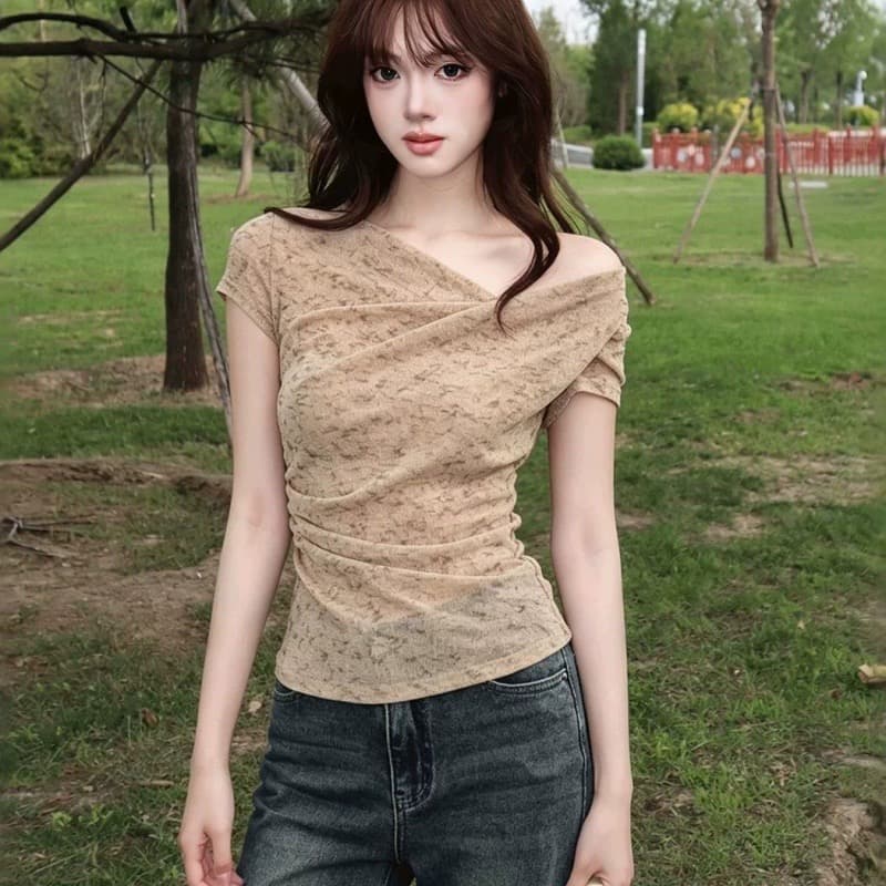 경관 그림 광저우 원본 원단 여름 새로운 부드러운 바람 비스듬한 어깨 십자가 수신 Pleat 품격 반팔 맨위 상세 이미지 6
