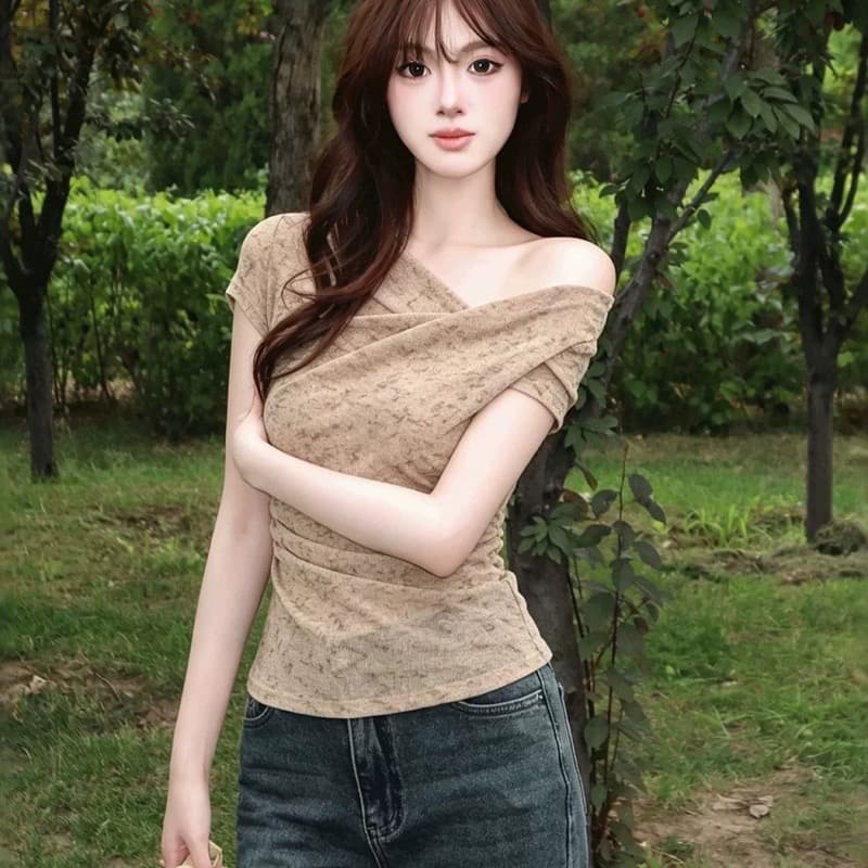경관 그림 광저우 원본 원단 여름 새로운 부드러운 바람 비스듬한 어깨 십자가 수신 Pleat 품격 반팔 맨위 상세 이미지 8