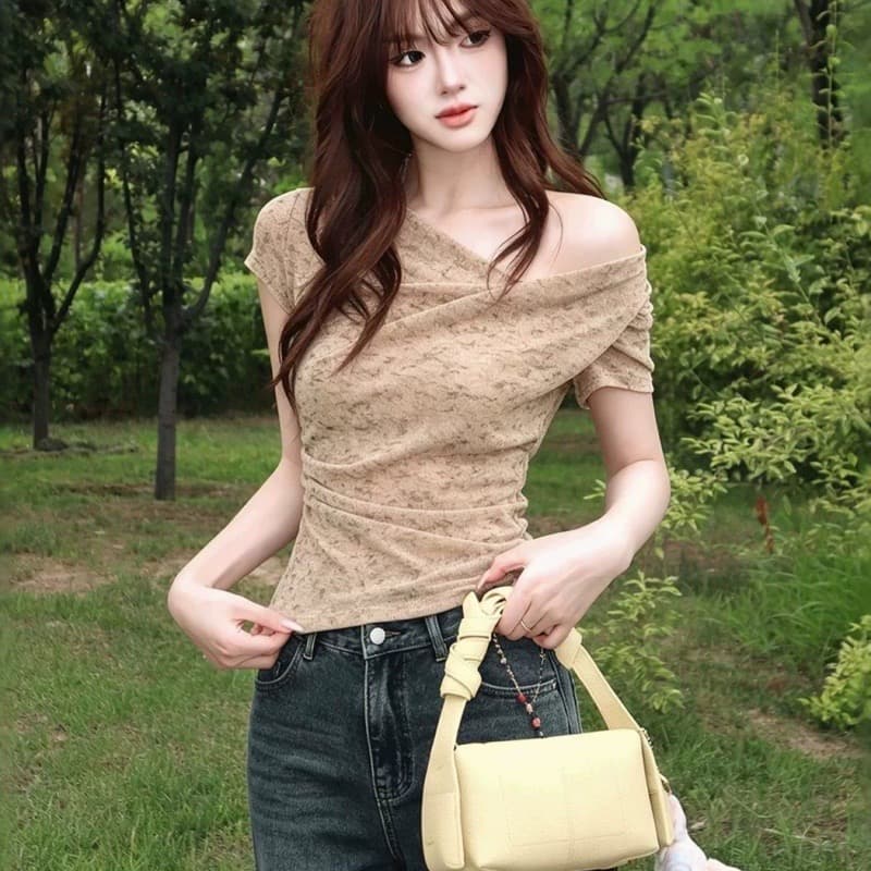 경관 그림 광저우 원본 원단 여름 새로운 부드러운 바람 비스듬한 어깨 십자가 수신 Pleat 품격 반팔 맨위 상세 이미지 10