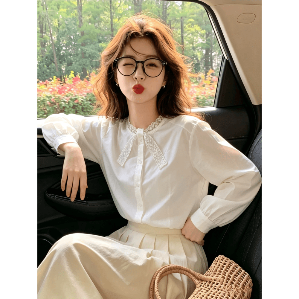 프랑스식 달콤함 네클라인 철자 레이스 나비 매듭 셔츠 여성 의류 연령 감소 캐주얼 다용도 패션 화이트 긴팔 셔츠 상세 이미지 2