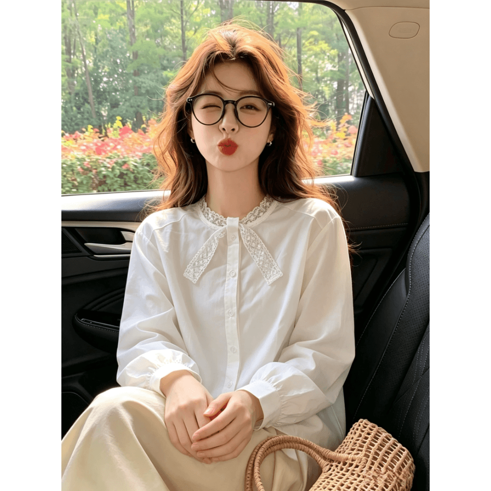 프랑스식 달콤함 네클라인 철자 레이스 나비 매듭 셔츠 여성 의류 연령 감소 캐주얼 다용도 패션 화이트 긴팔 셔츠 상세 이미지 8