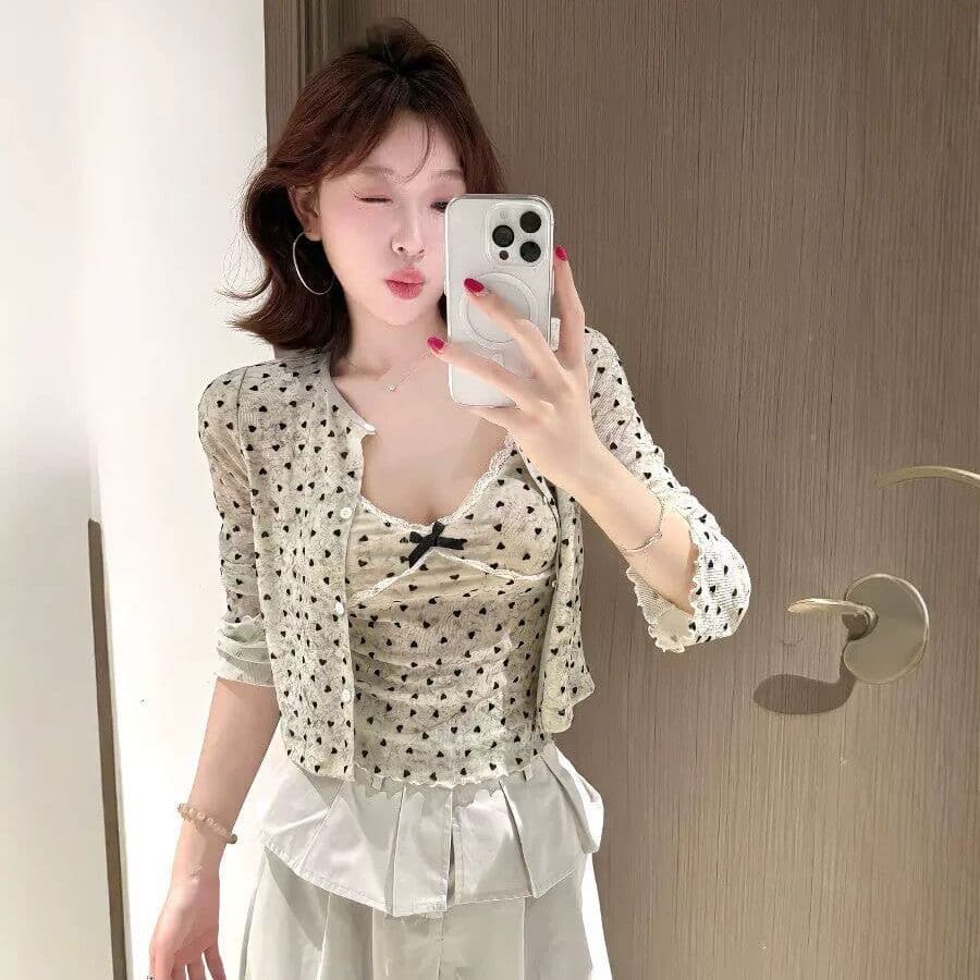 원단 40d 메시 원단 하트 도트 무늬 긴팔 순수한 욕망 프린트 레이스 캐미솔 자외선 차단 오픈 가디건 투피스 세트 이미지 3