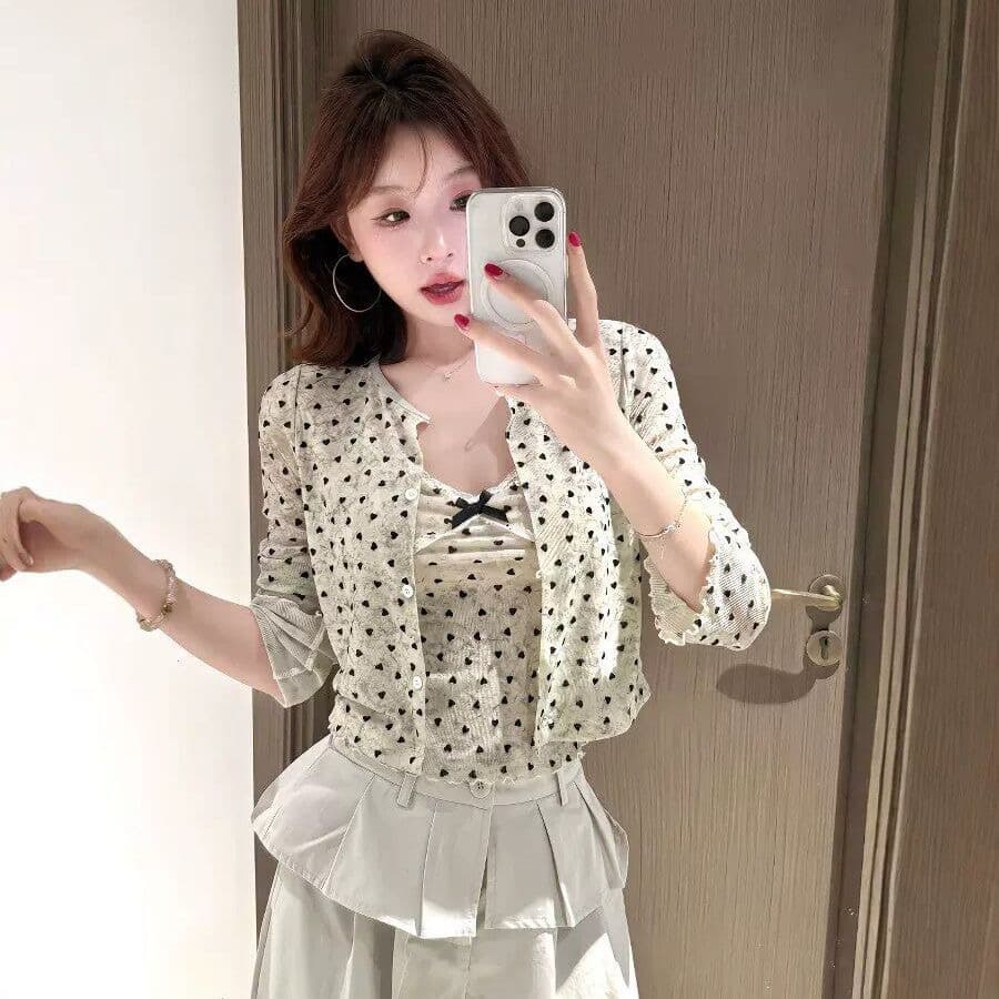원단 40d 메시 원단 하트 도트 무늬 긴팔 순수한 욕망 프린트 레이스 캐미솔 자외선 차단 오픈 가디건 투피스 세트