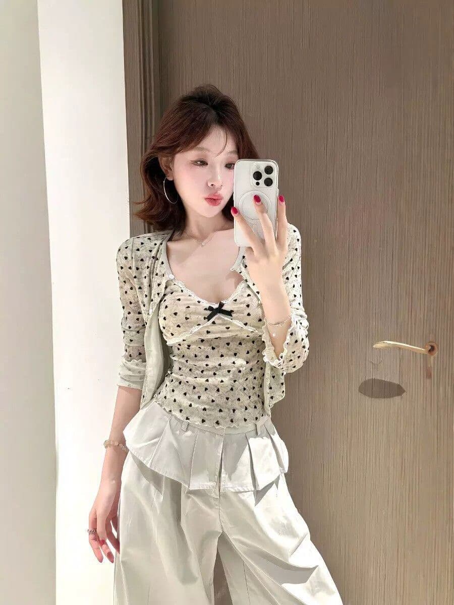 원단 40d 메시 원단 하트 도트 무늬 긴팔 순수한 욕망 프린트 레이스 캐미솔 자외선 차단 오픈 가디건 투피스 세트 상세 이미지 5