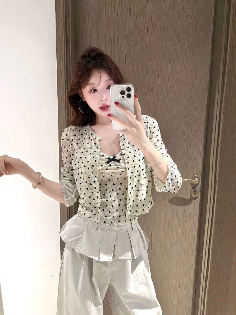 원단 40d 메시 원단 하트 도트 무늬 긴팔 순수한 욕망 프린트 레이스 캐미솔 자외선 차단 오픈 가디건 투피스 세트 상세 이미지 6