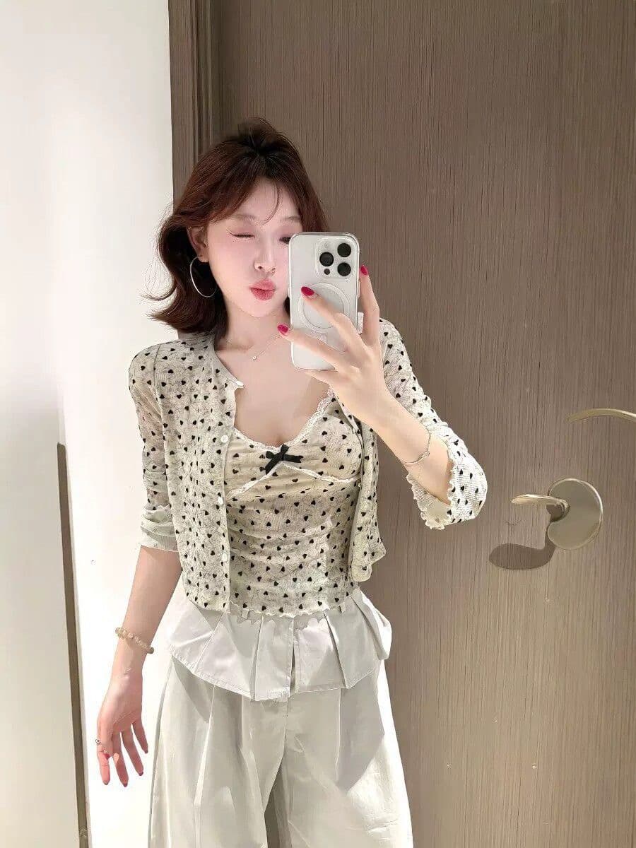 원단 40d 메시 원단 하트 도트 무늬 긴팔 순수한 욕망 프린트 레이스 캐미솔 자외선 차단 오픈 가디건 투피스 세트 상세 이미지 7