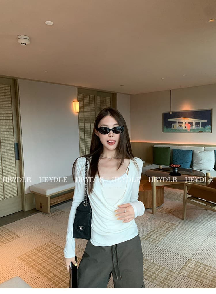 라이 경기 서울 흔들다 칼라 레이스 조각 작은 셔츠 부드러운 찹쌀 프로 피부 페이크 레이어드 맨위 여성 조기 가을 허리 수축 주름 긴팔 상세 이미지 13