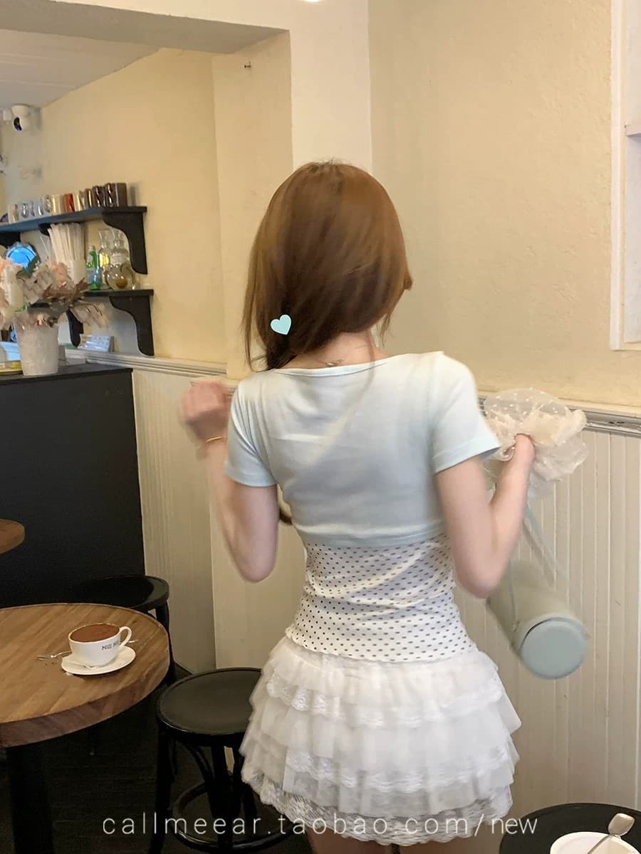 배색 나비 매듭 티셔츠 여름 새로운 패치워크 디자인 센스 페이크 레이어드 u 칼라 반팔 다용도 출퇴근 작은 맨위 여성 이미지 3