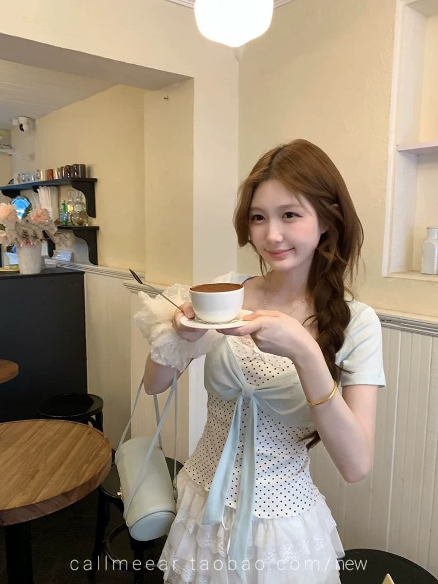 배색 나비 매듭 티셔츠 여름 새로운 패치워크 디자인 센스 페이크 레이어드 u 칼라 반팔 다용도 출퇴근 작은 맨위 여성 상세 이미지 7
