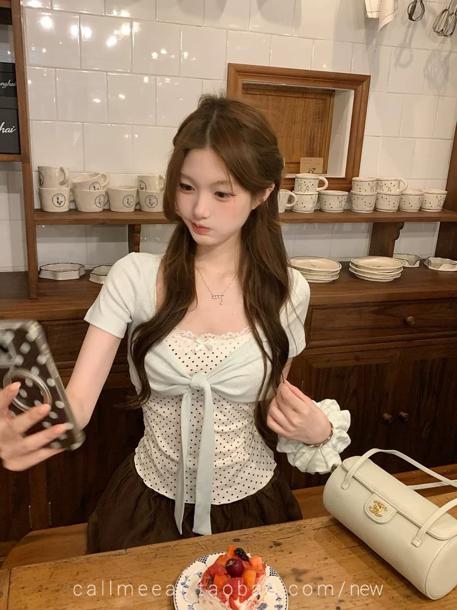 배색 나비 매듭 티셔츠 여름 새로운 패치워크 디자인 센스 페이크 레이어드 u 칼라 반팔 다용도 출퇴근 작은 맨위 여성 상세 이미지 9