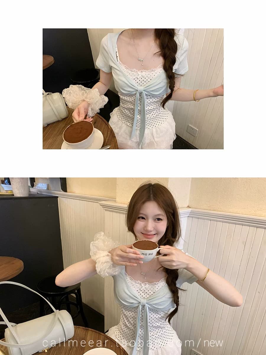 배색 나비 매듭 티셔츠 여름 새로운 패치워크 디자인 센스 페이크 레이어드 u 칼라 반팔 다용도 출퇴근 작은 맨위 여성 상세 이미지 11