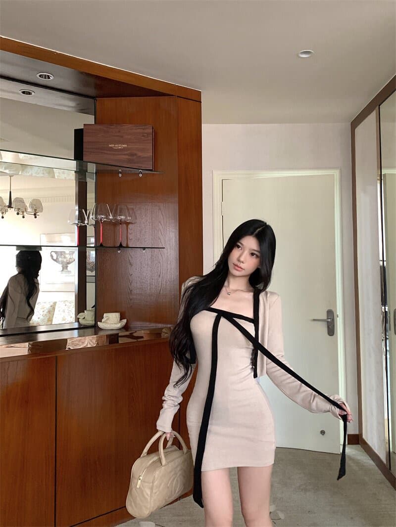 프랑스식 품격 배색 긴팔 오픈 가디건 여성 코트 가을 명문 여성 바람 세트 스트랩 튜브탑 드레스 투피스 세트 이미지 4