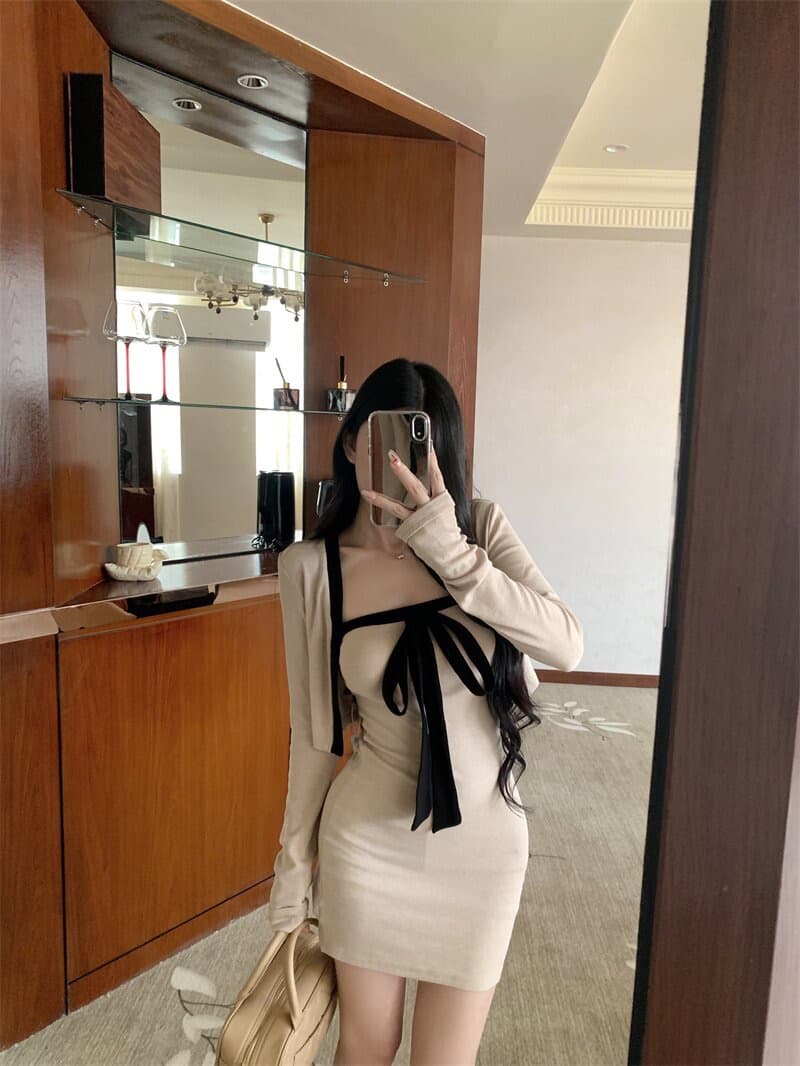 프랑스식 품격 배색 긴팔 오픈 가디건 여성 코트 가을 명문 여성 바람 세트 스트랩 튜브탑 드레스 투피스 세트 상세 이미지 7