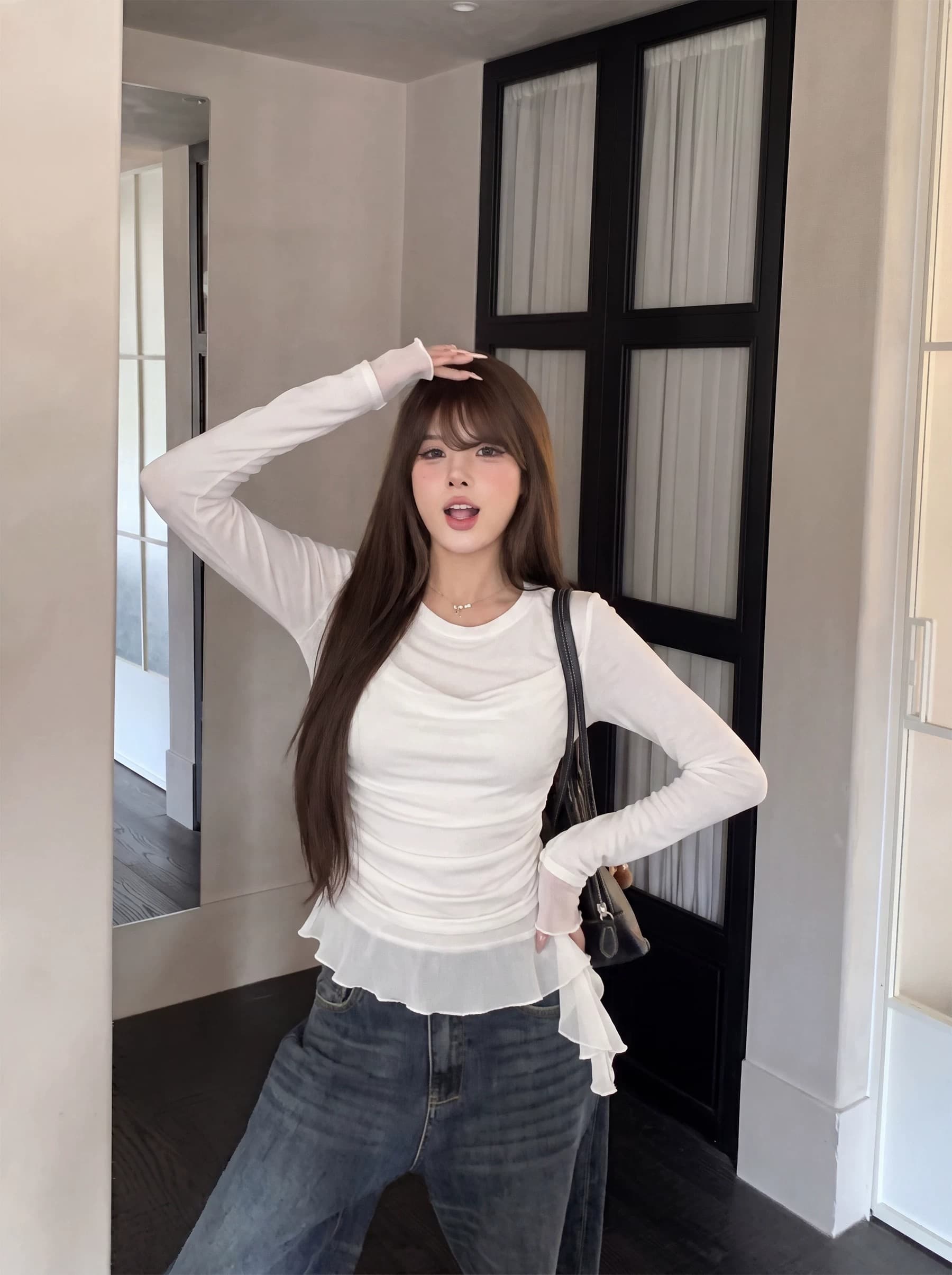 부티크 양모 40d 망사 패치워크 긴팔 티셔츠 여성 새로운 조기 가을 몸매 가꾸기 다용도 맨위 이미지 3