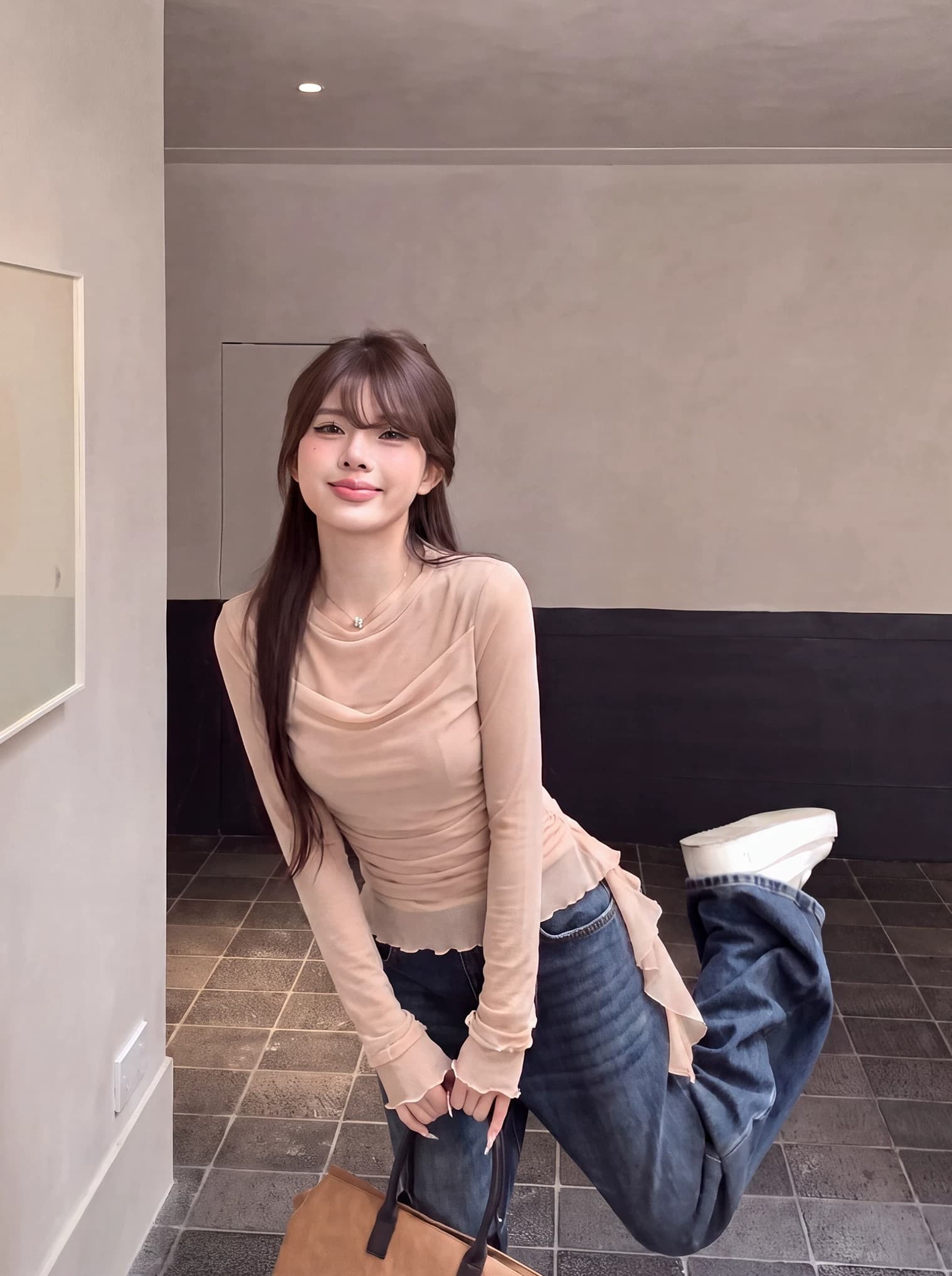 부티크 양모 40d 망사 패치워크 긴팔 티셔츠 여성 새로운 조기 가을 몸매 가꾸기 다용도 맨위 상세 이미지 2