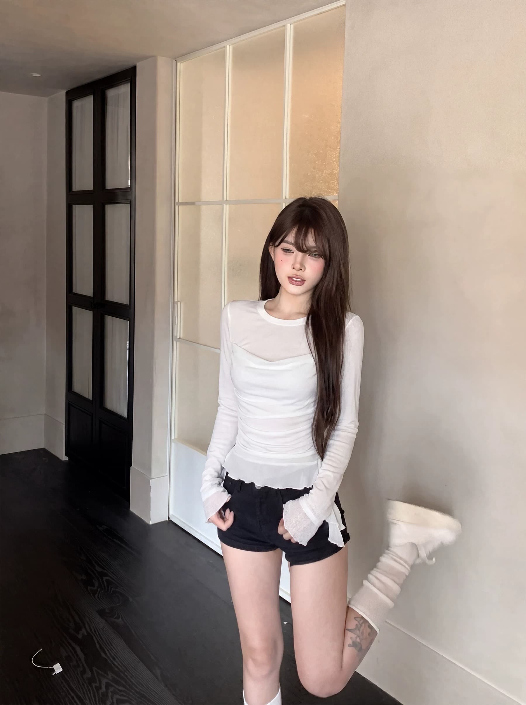 부티크 양모 40d 망사 패치워크 긴팔 티셔츠 여성 새로운 조기 가을 몸매 가꾸기 다용도 맨위 상세 이미지 3