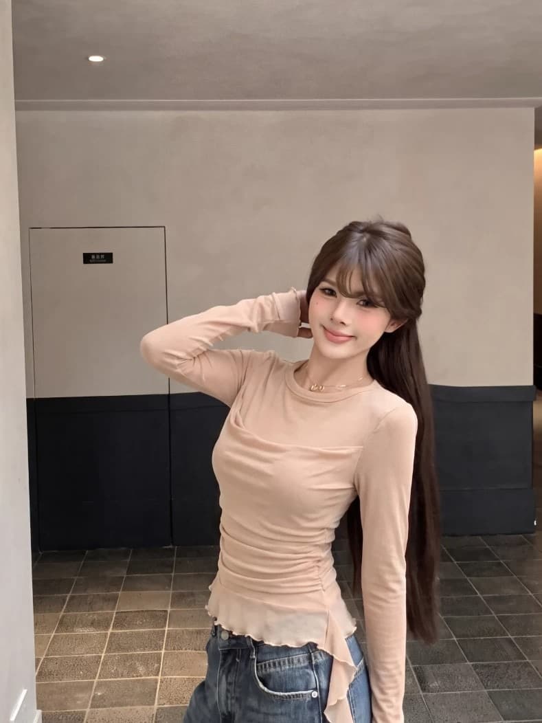 부티크 양모 40d 망사 패치워크 긴팔 티셔츠 여성 새로운 조기 가을 몸매 가꾸기 다용도 맨위 상세 이미지 6