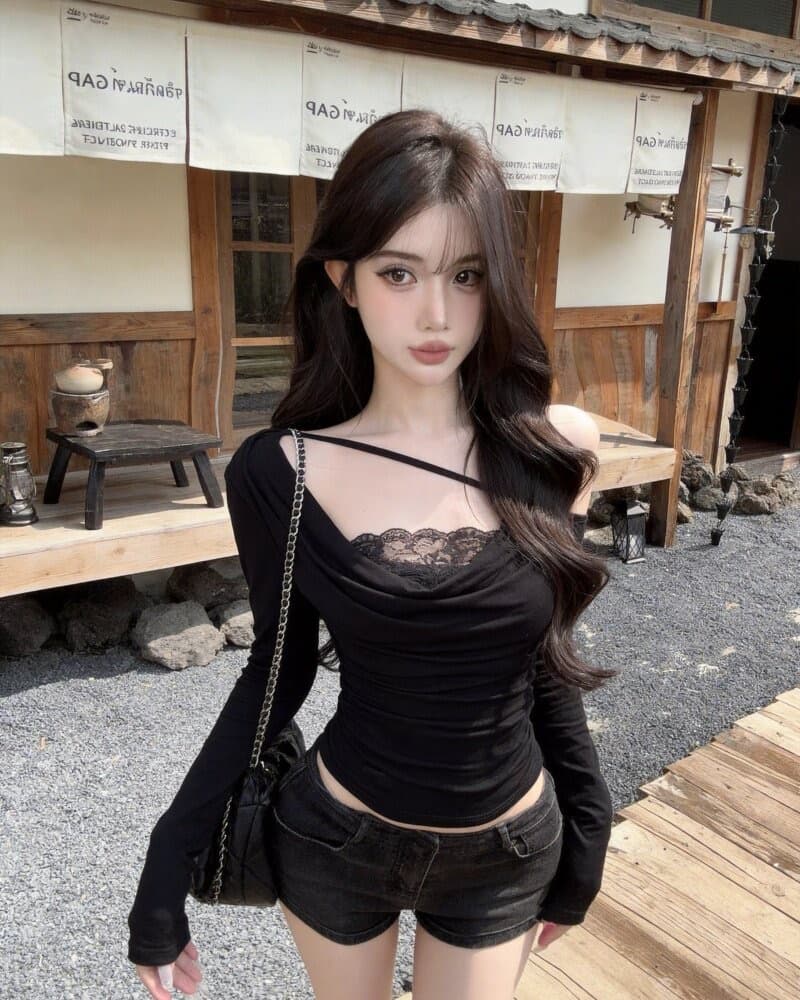 경관 그림 순수한 욕망 바람 섹시함 핫걸 레이스 조각 오프숄더 긴팔 티셔츠 여성 상세 이미지 1