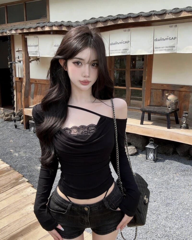 경관 그림 순수한 욕망 바람 섹시함 핫걸 레이스 조각 오프숄더 긴팔 티셔츠 여성 상세 이미지 17