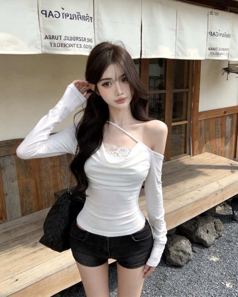 경관 그림 순수한 욕망 바람 섹시함 핫걸 레이스 조각 오프숄더 긴팔 티셔츠 여성 상세 이미지 20