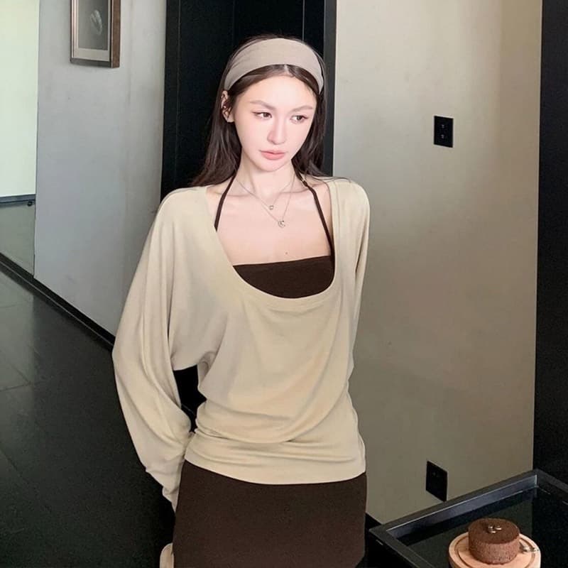 경관 그림 정가 사람들 면 260 그램 봄 가을 순수한 욕망 느긋한 긴팔 티셔츠 행침 목 조끼 투피스 슈트 여성 셔츠 이미지 4