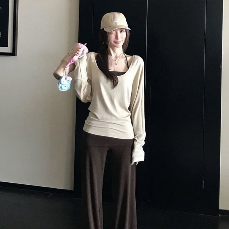 경관 그림 정가 사람들 면 260 그램 봄 가을 순수한 욕망 느긋한 긴팔 티셔츠 행침 목 조끼 투피스 슈트 여성 셔츠 이미지 3