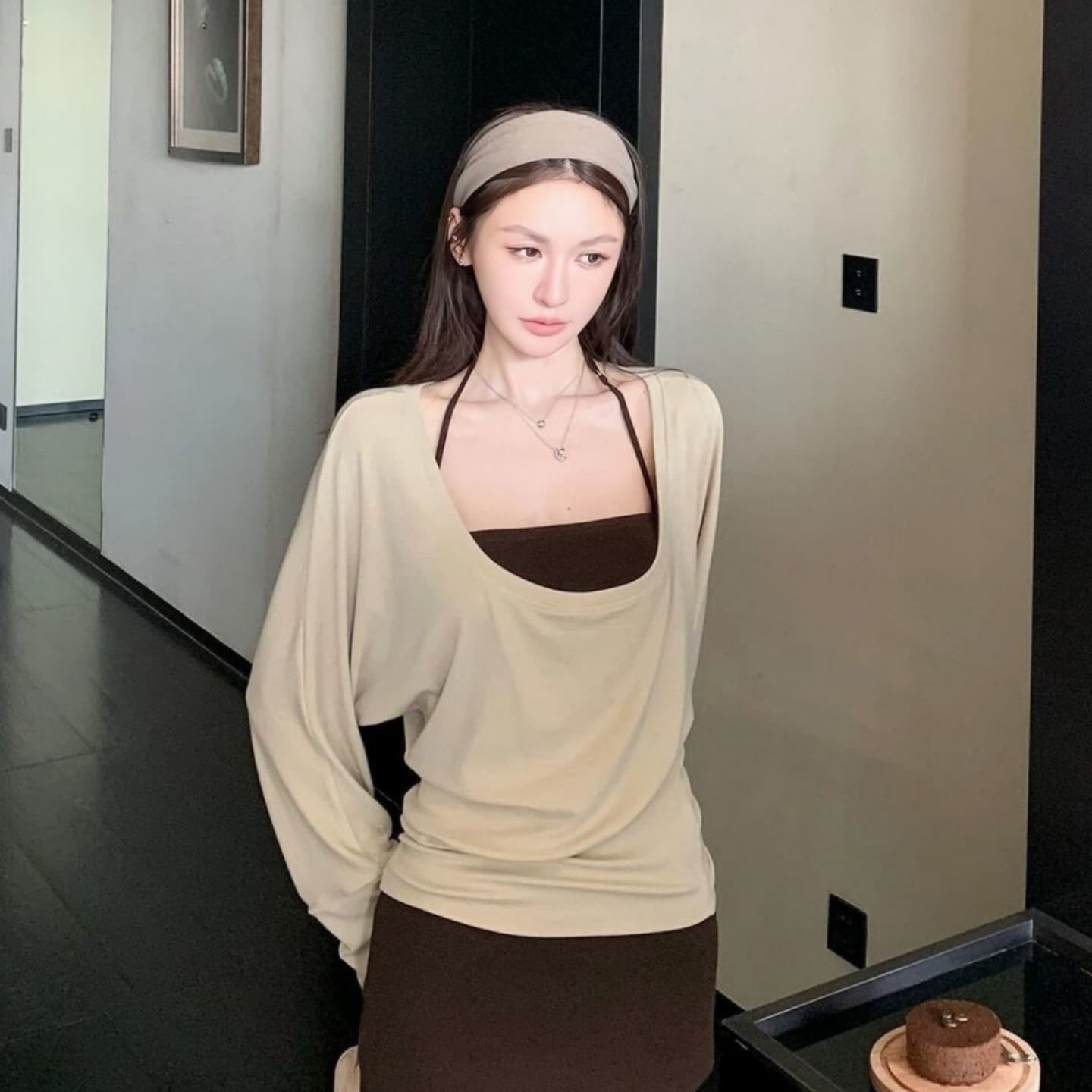 경관 그림 정가 사람들 면 260 그램 봄 가을 순수한 욕망 느긋한 긴팔 티셔츠 행침 목 조끼 투피스 슈트 여성 셔츠 상세 이미지 4