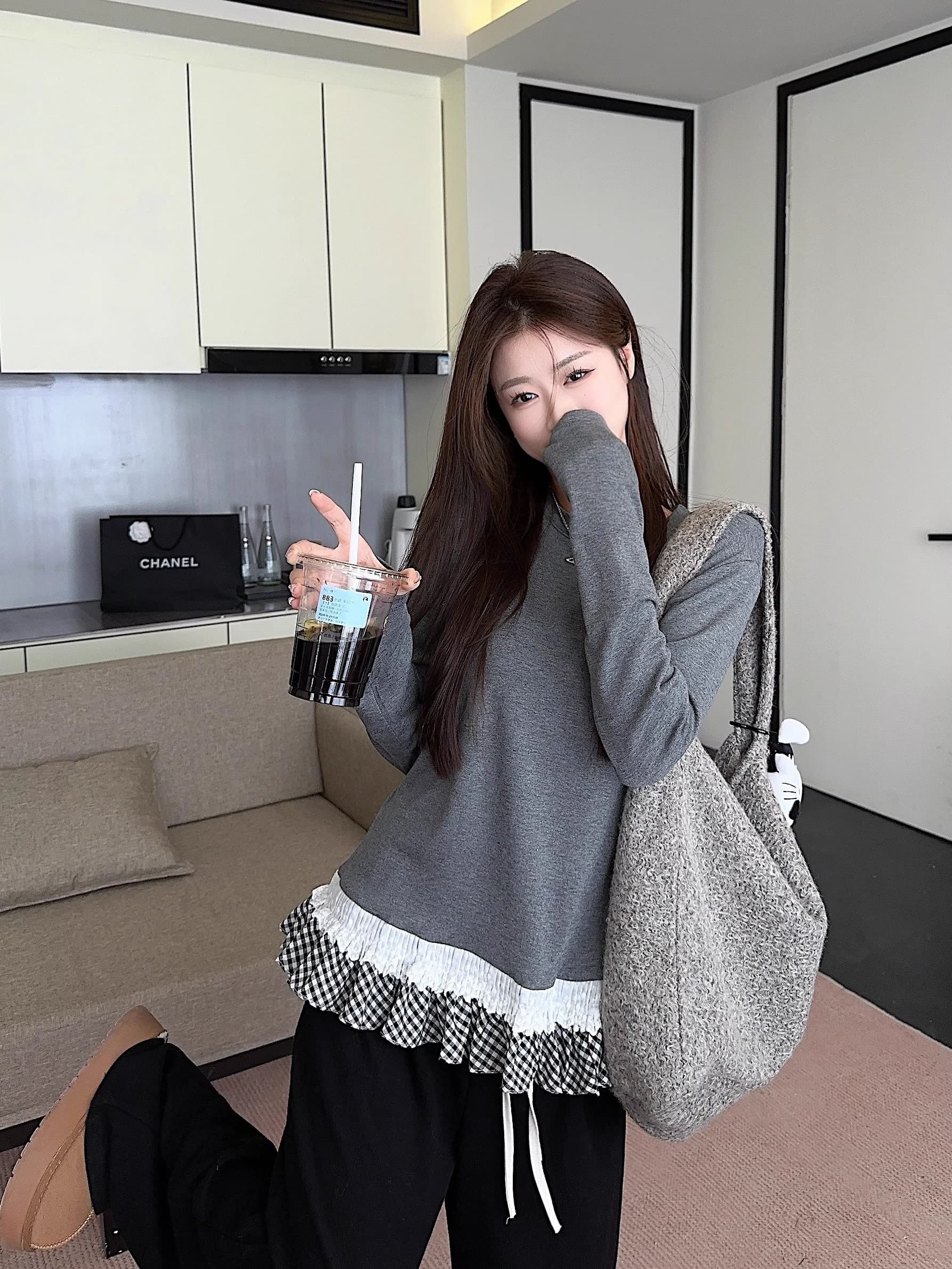 빅 사이즈 여성 의류 가을과 겨울 레이스 프릴 디자인 센스 긴팔 티셔츠 외국 가스 패션 라운드 넥 기본 셔츠 맨위 이미지 3