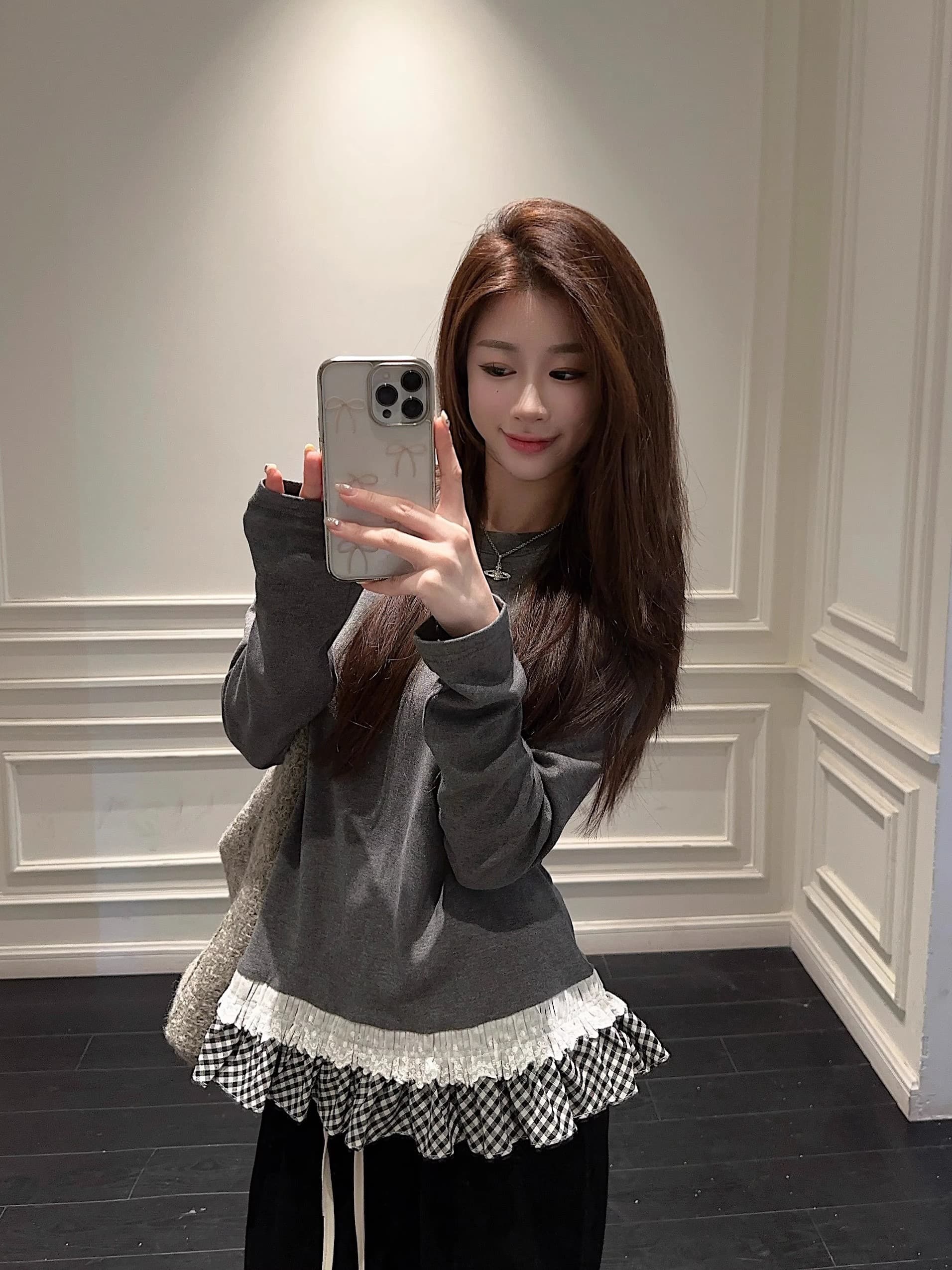 빅 사이즈 여성 의류 가을과 겨울 레이스 프릴 디자인 센스 긴팔 티셔츠 외국 가스 패션 라운드 넥 기본 셔츠 맨위 상세 이미지 7