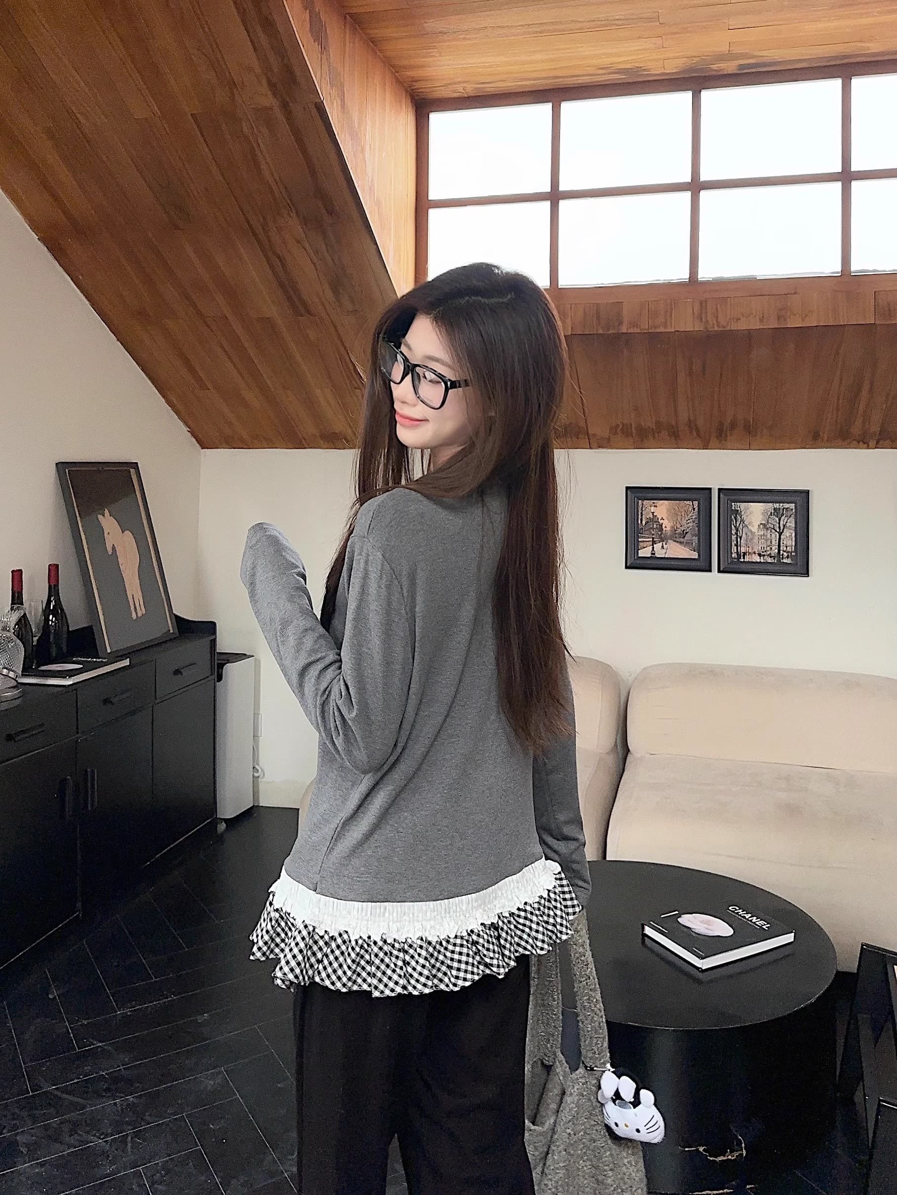 빅 사이즈 여성 의류 가을과 겨울 레이스 프릴 디자인 센스 긴팔 티셔츠 외국 가스 패션 라운드 넥 기본 셔츠 맨위 상세 이미지 9