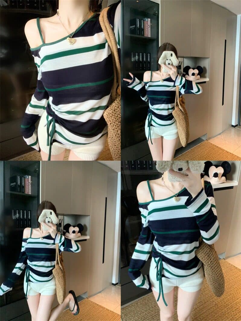 배색 스트라이프 비스듬한 어깨 자외선 차단 긴팔 티셔츠 여성 가을 새로운 루즈핏 슬림해 보이는 자이언트 잘 생긴 한 부서 느긋한 맨위 이미지 4