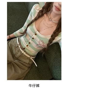 원본 원단 라운드 넥 스트라이프 프린트 티셔츠 여성 몸매 가꾸기 슬림해 보이는 7부 소매 오픈 가디건 맨위 가을 상세 이미지 5