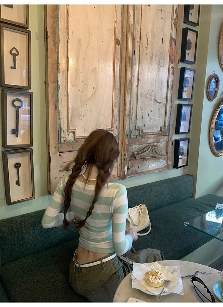 원본 원단 라운드 넥 스트라이프 프린트 티셔츠 여성 몸매 가꾸기 슬림해 보이는 7부 소매 오픈 가디건 맨위 가을 상세 이미지 8