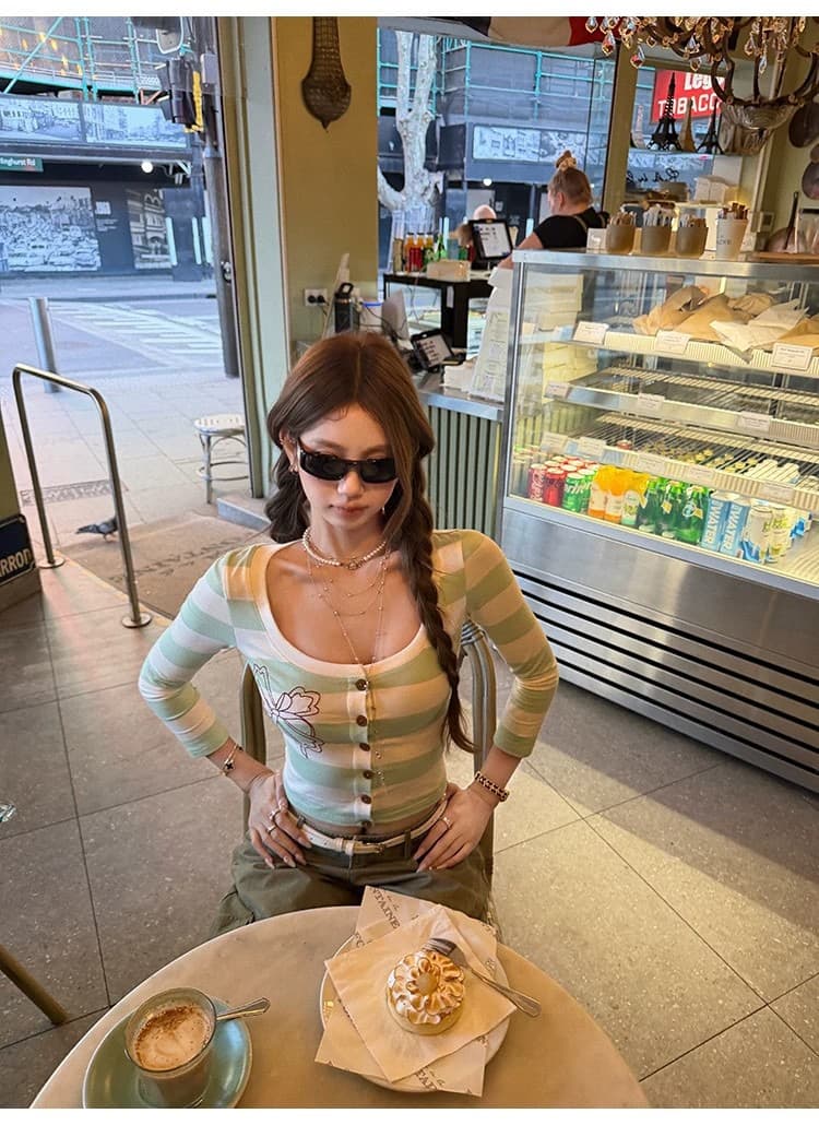 원본 원단 라운드 넥 스트라이프 프린트 티셔츠 여성 몸매 가꾸기 슬림해 보이는 7부 소매 오픈 가디건 맨위 가을 상세 이미지 9