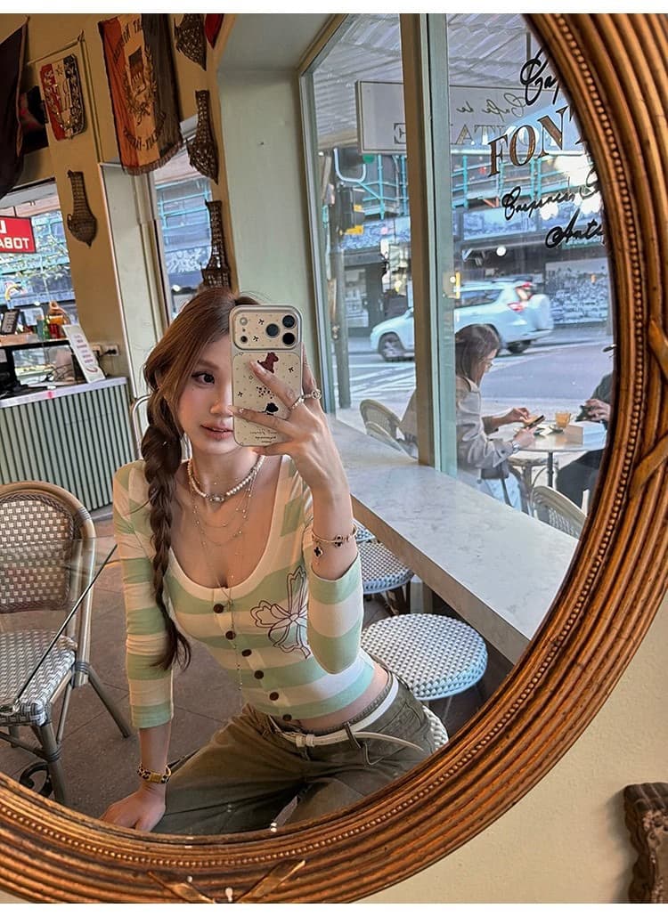 원본 원단 라운드 넥 스트라이프 프린트 티셔츠 여성 몸매 가꾸기 슬림해 보이는 7부 소매 오픈 가디건 맨위 가을 상세 이미지 11
