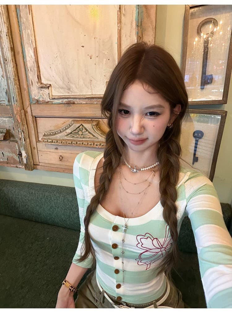원본 원단 라운드 넥 스트라이프 프린트 티셔츠 여성 몸매 가꾸기 슬림해 보이는 7부 소매 오픈 가디건 맨위 가을 상세 이미지 14