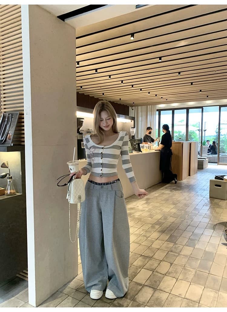 원본 원단 라운드 넥 스트라이프 프린트 티셔츠 여성 몸매 가꾸기 슬림해 보이는 7부 소매 오픈 가디건 맨위 가을 상세 이미지 22
