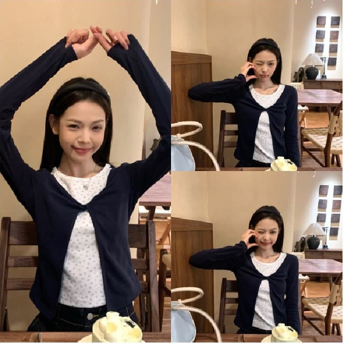 와 사고 방식 블루 꽃무늬 페이크 레이어드 긴팔 티셔츠 여성 이른 가을 몸매 가꾸기 인사이드 가져 가라. 기본 셔츠 싱글 착용 맨위 이미지 4