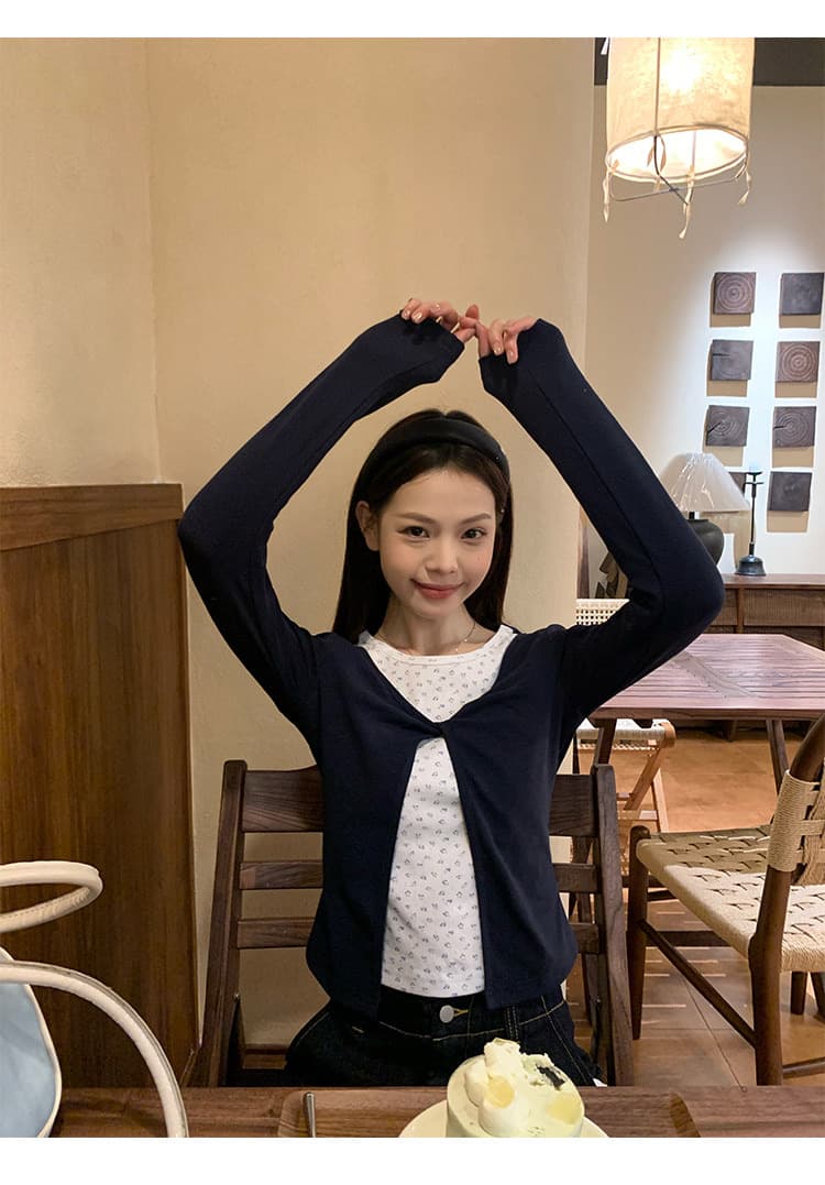 와 사고 방식 블루 꽃무늬 페이크 레이어드 긴팔 티셔츠 여성 이른 가을 몸매 가꾸기 인사이드 가져 가라. 기본 셔츠 싱글 착용 맨위 상세 이미지 8