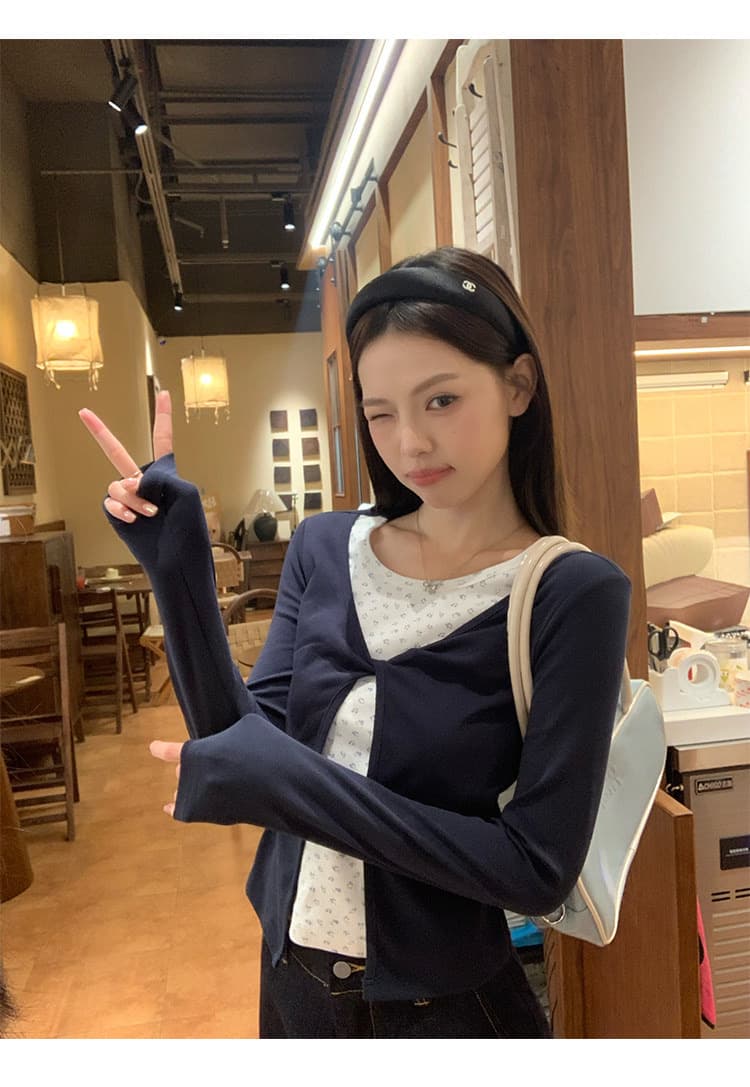 와 사고 방식 블루 꽃무늬 페이크 레이어드 긴팔 티셔츠 여성 이른 가을 몸매 가꾸기 인사이드 가져 가라. 기본 셔츠 싱글 착용 맨위 상세 이미지 13