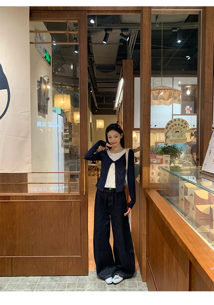 와 사고 방식 블루 꽃무늬 페이크 레이어드 긴팔 티셔츠 여성 이른 가을 몸매 가꾸기 인사이드 가져 가라. 기본 셔츠 싱글 착용 맨위 상세 이미지 15