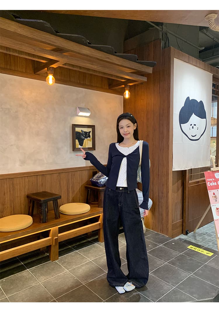 와 사고 방식 블루 꽃무늬 페이크 레이어드 긴팔 티셔츠 여성 이른 가을 몸매 가꾸기 인사이드 가져 가라. 기본 셔츠 싱글 착용 맨위 상세 이미지 17