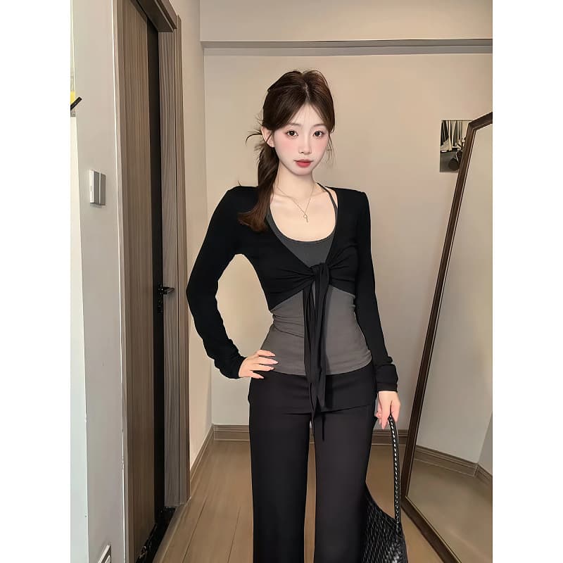와 사고 방식 이른 가을 캐미솔 맨위 투피스 슈트 빅 사이즈 여성 순수한 욕망 바람 레이스업 긴팔 오픈 가디건 트렌디 상세 이미지 5