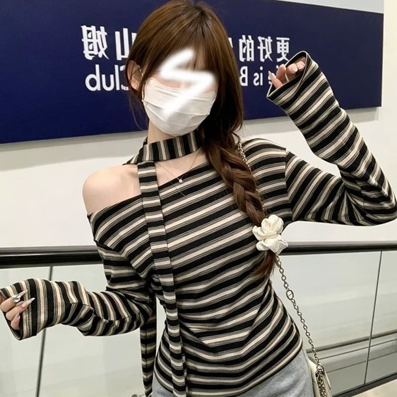 레트로 chic 스트라이프 비스듬한 어깨 리본 티셔츠 여성 가을 새로운 항구 바람 품격 몸매 가꾸기 허리 수축 니트 맨위 서비스 이미지 4