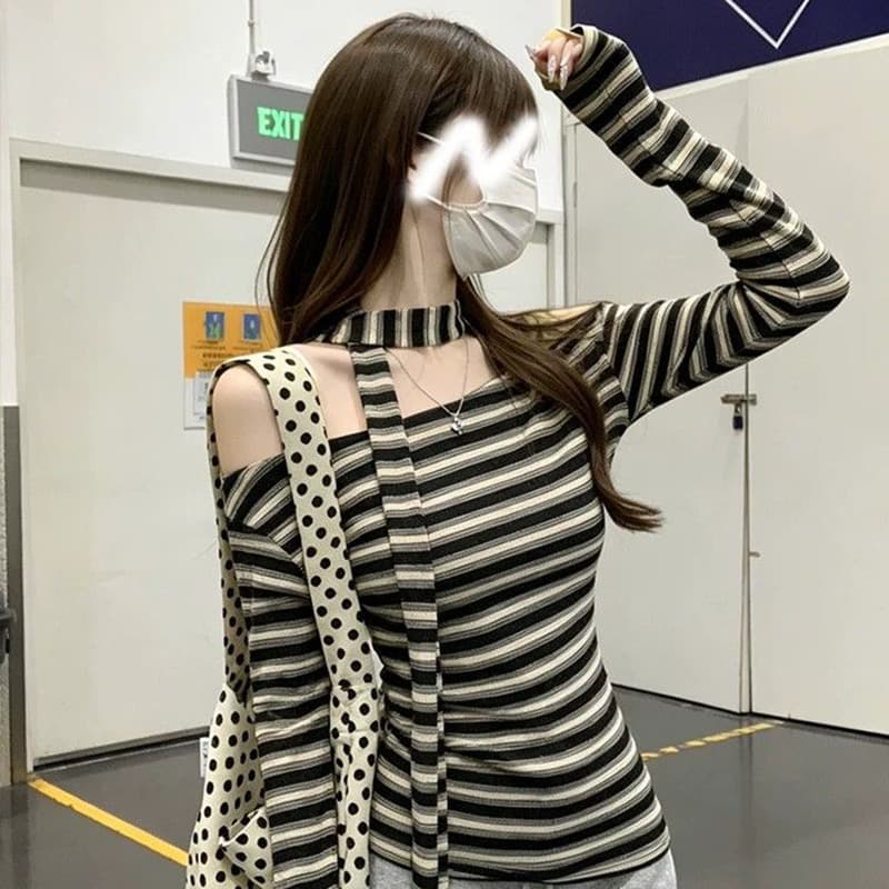 레트로 chic 스트라이프 비스듬한 어깨 리본 티셔츠 여성 가을 새로운 항구 바람 품격 몸매 가꾸기 허리 수축 니트 맨위 서비스 상세 이미지 1