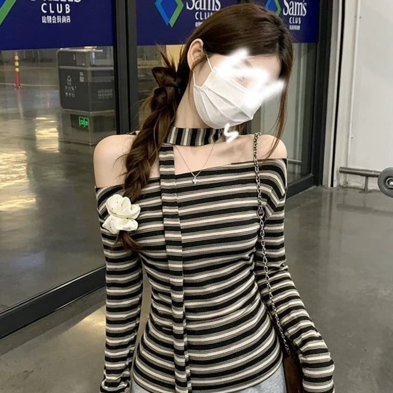 레트로 chic 스트라이프 비스듬한 어깨 리본 티셔츠 여성 가을 새로운 항구 바람 품격 몸매 가꾸기 허리 수축 니트 맨위 서비스 상세 이미지 4