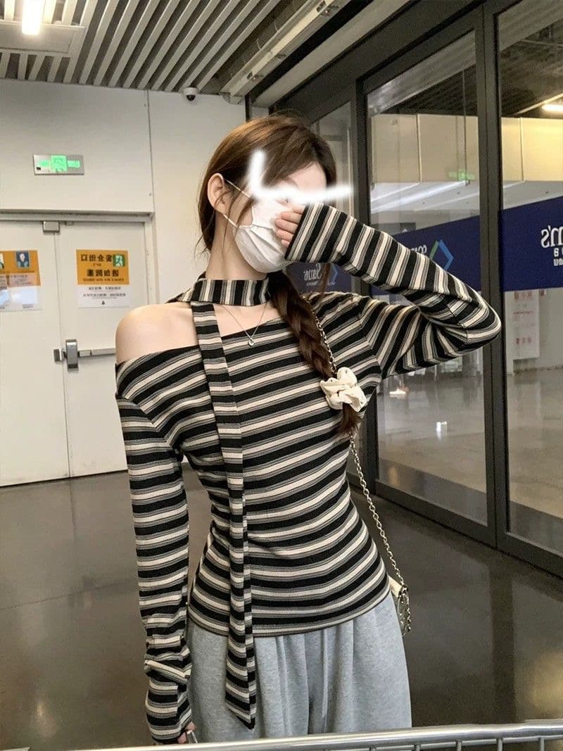 레트로 chic 스트라이프 비스듬한 어깨 리본 티셔츠 여성 가을 새로운 항구 바람 품격 몸매 가꾸기 허리 수축 니트 맨위 서비스 상세 이미지 6