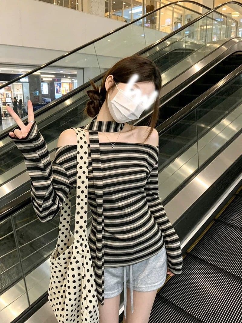 레트로 chic 스트라이프 비스듬한 어깨 리본 티셔츠 여성 가을 새로운 항구 바람 품격 몸매 가꾸기 허리 수축 니트 맨위 서비스 상세 이미지 10